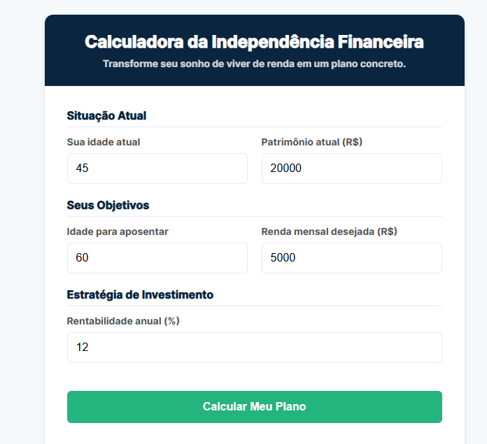 Resultado da calculadora de independência financeira mostrando o aporte mensal necessário.
