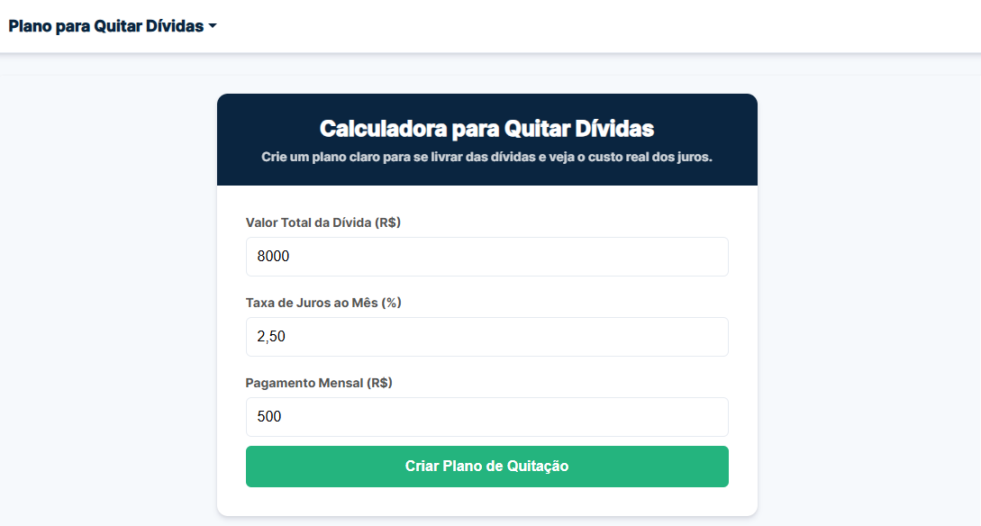 Resultado do Plano para Quitar Dívidas mostrando o tempo para quitar e o custo dos juros.