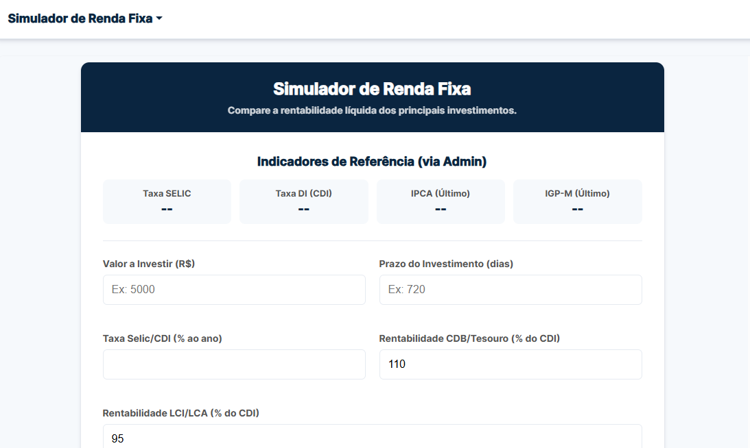 Comparativo do Simulador de Renda Fixa mostrando a melhor opção entre CDB, LCI e Poupança.