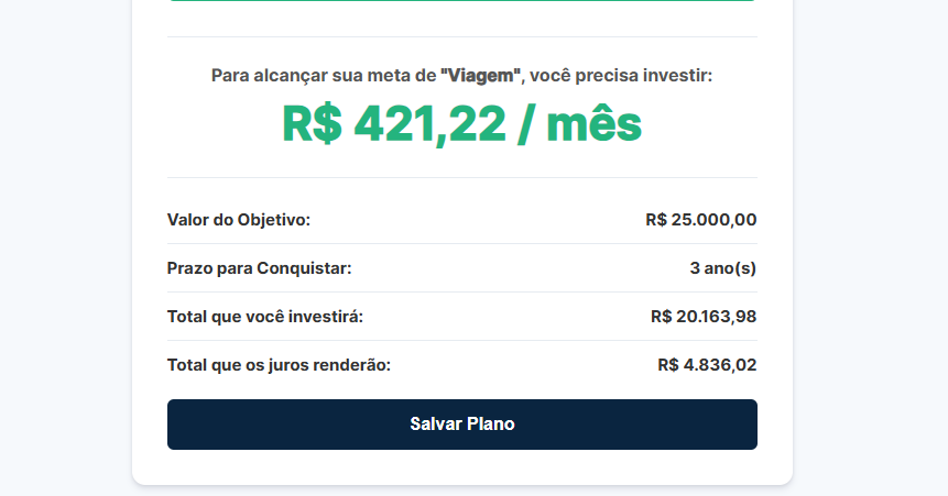 Formulário do Planejador de Metas Financeiras.